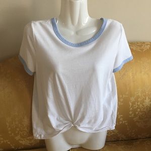 White with a contrast of baby blue crew neck tee